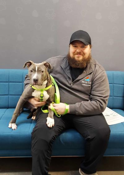 Smiling person sitting on a blue couch with a pit-bull-type dog who he just adopted