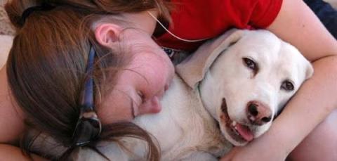 Person lying down and hugging a white dog