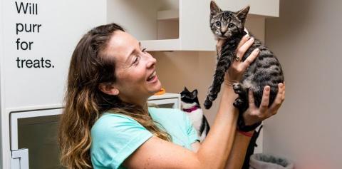 Woman in light teal shirt holding up a tabby kitten