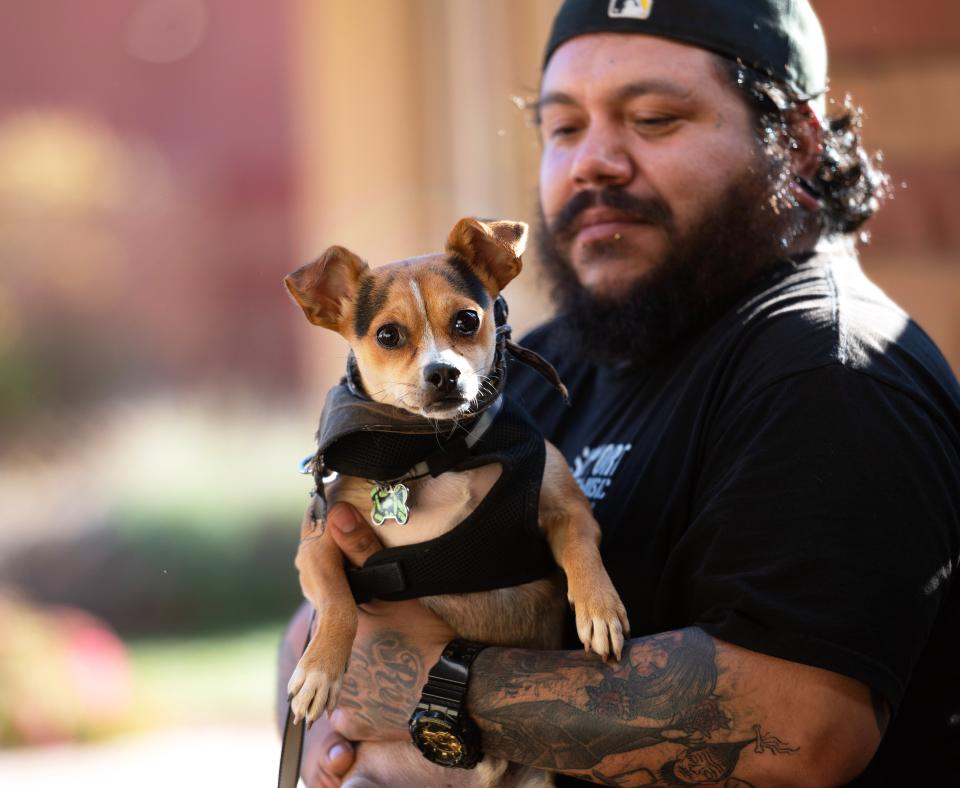 Man wearing backwards hat holding a small dog who is wearing a harness