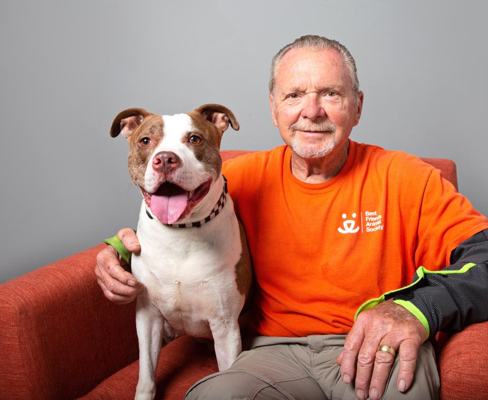 Smiling person in orange Best Friends volunteer T-shirt sitting in a chair next to a smiling brown and white dog