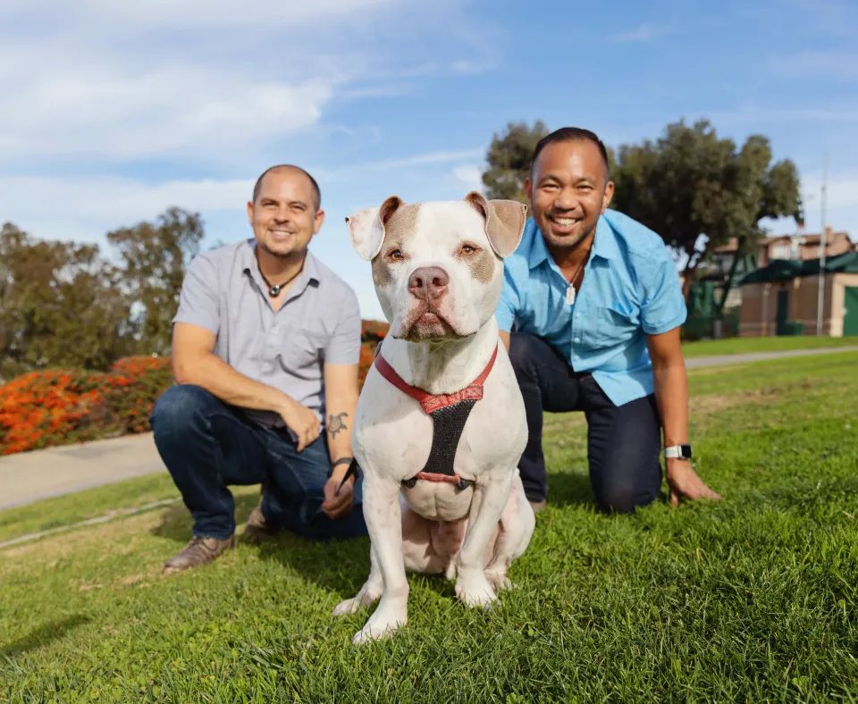 Two smiling people sitting in the grass with a big dog