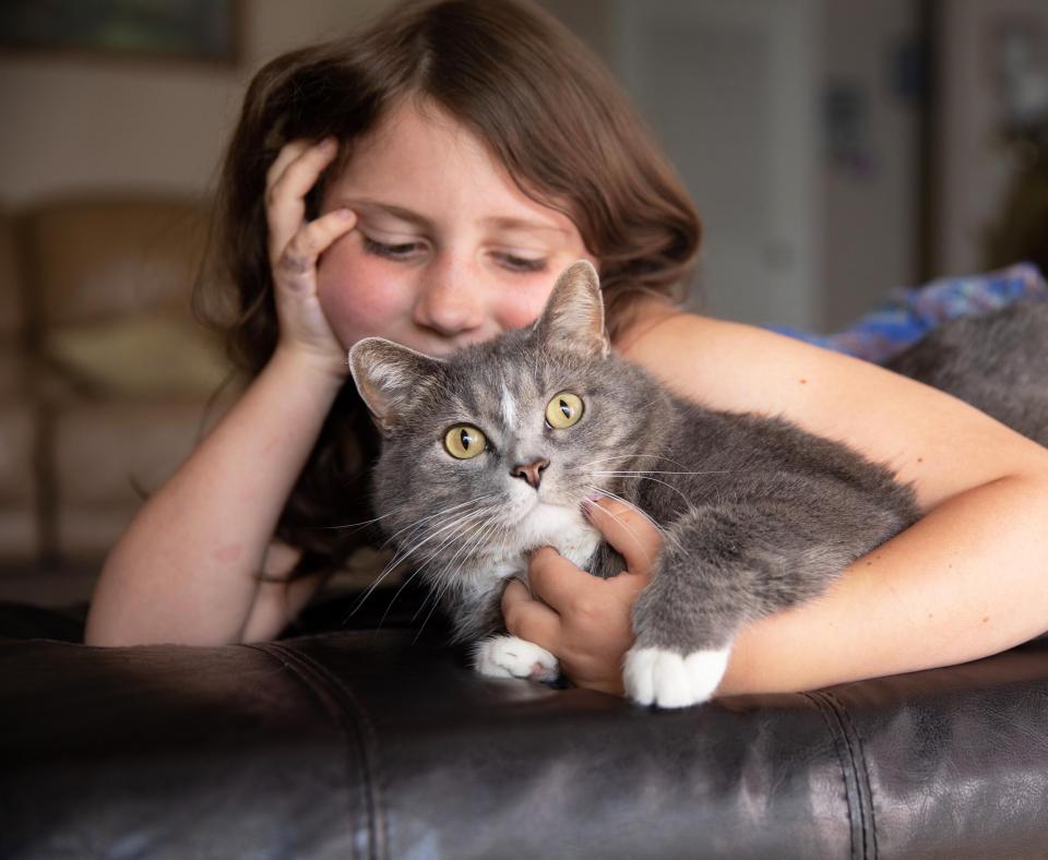 Young person lying down and hugging a gray and white cat