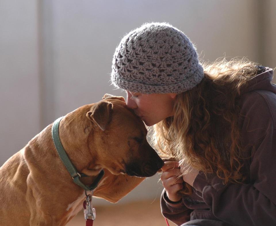 Person wearing a knit hat kissing the top of Oscar, one of the Vicktory dogs