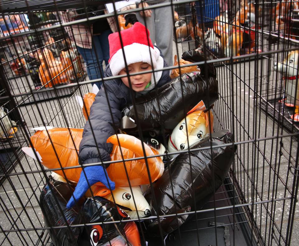 Child wearing a Santa hat looking at balloon dogs in a wire kennel in Times Square