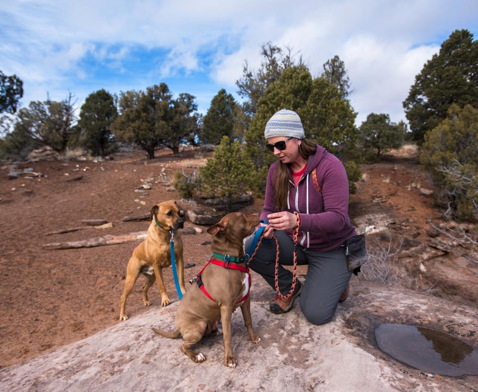 Person on a hike with a dog in Southern Utah