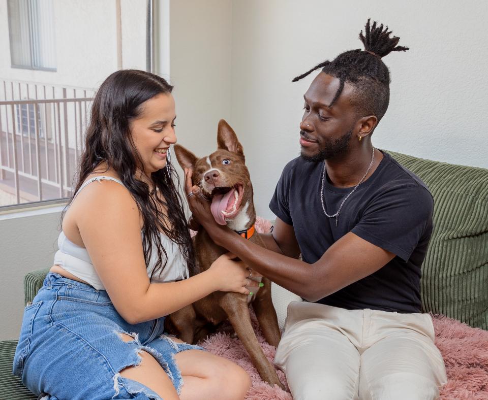 Smiling people relaxing with a dog between them on a couch