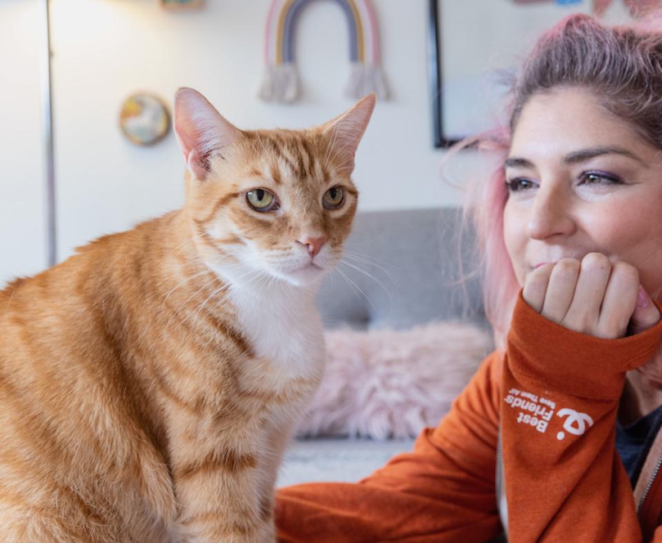 A woman with chin in hand looks at an orange cat