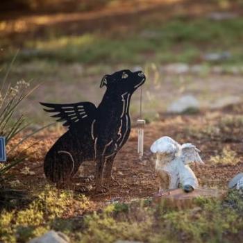 Pet loss grief memorial statues in a garden