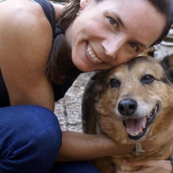 Smiling person hugging a dog
