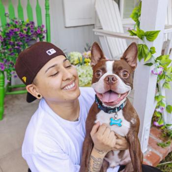 Person with a smiling boston terrier