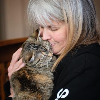 Woman holding and kissing tabby cat