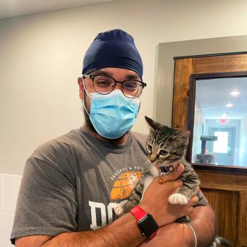 Ramandeep Singh wearing a mask and holding a tabby kitten