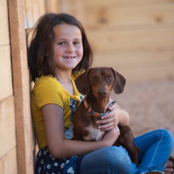 young girl holding small brown dog, sitting outside home