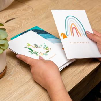 Person sitting a desk holding pet sympathy cards in their hands