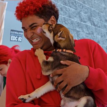 Person with red hair smiling while a small dog licks their face