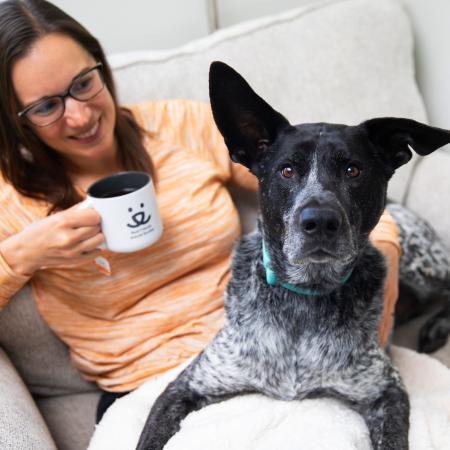 Person and dog relaxing in a comfy chair with a fuzzy blanket