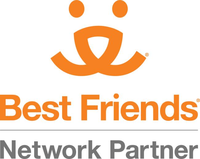 Friends of Strays, Inc., (Princeton, Illinois), Best Friends Network Partner logo orange design with orange and grey text