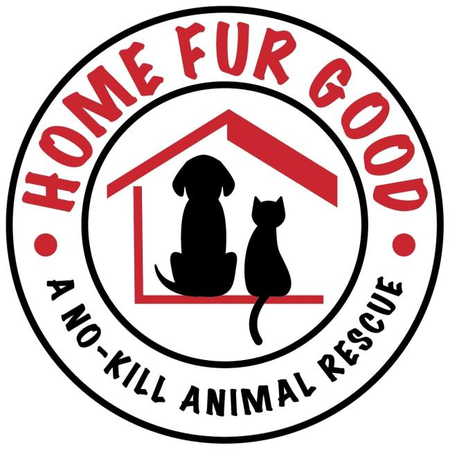 Home Fur Good Animal Rescue and Placement (Phoenix, Arizona) logo  black circle within a circle outer has red and black lettering inner has outline of red roof wall and floor black silhouette of back of sitting black dog and cat