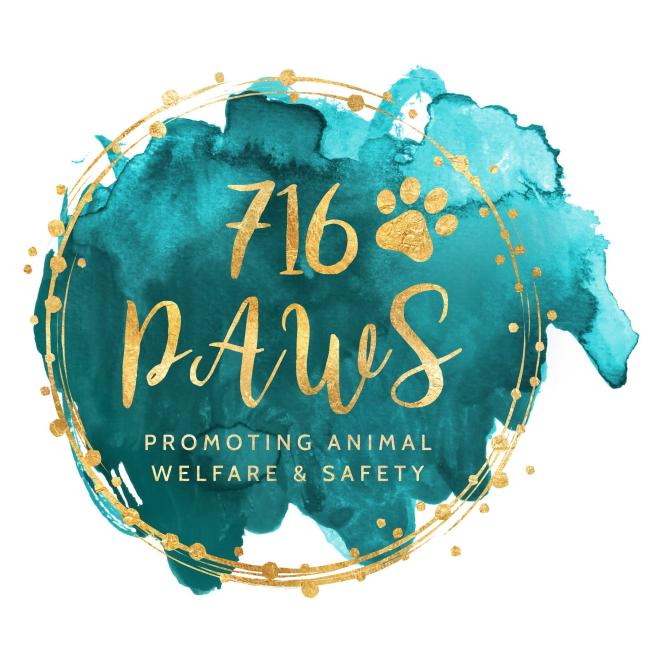716 Promoting Animal Welfare and Safety Inc (Amherst, New York) logo gold text over teal watercolor