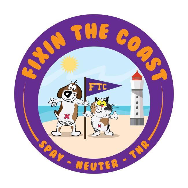 Fixin The Coast (Saucier, Mississippi) logo purple circle with orange lettering at top and bottom drawn picture in the middle beach and sea lighthouse and sun brown white and black dog and cat with red bandaids on tummy holding up a purple and orange pennant flag