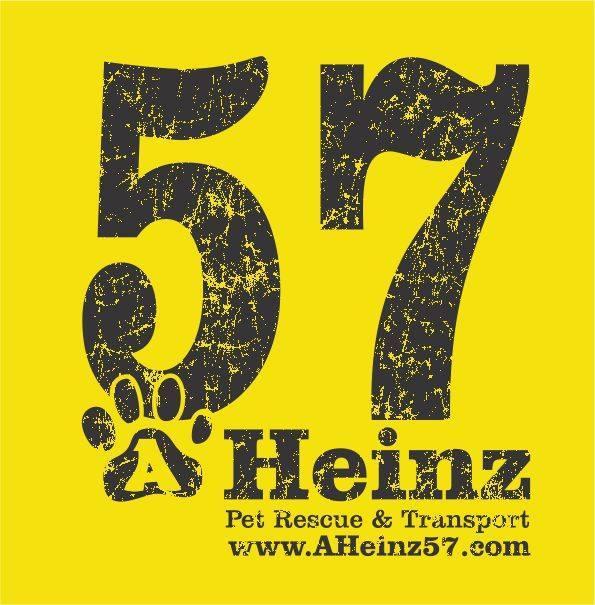 A Heinz 57 Pet Rescue & Transport (De Soto, Iowa) logo with text in yellow square and pawprint