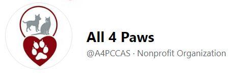 All 4 Paws, (Thomasville, Alabama) logo grey dog and cat and red and white paw in circle with black text