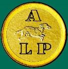 American Lurcher Rescue Project, Inc., (Gulf Shores, Alabama) logo gold circle with dog imprint with black letters on green background