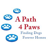 A Path 4 Paws Dog Rescue logo with paw prints and tagline "Finding Dogs Forever Homes"