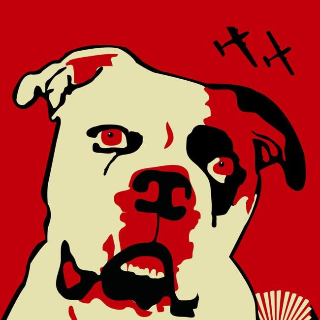 Ace of Hearts Dog Rescue, (West Hollywood, California), logo drawing of bully breed dog on red background