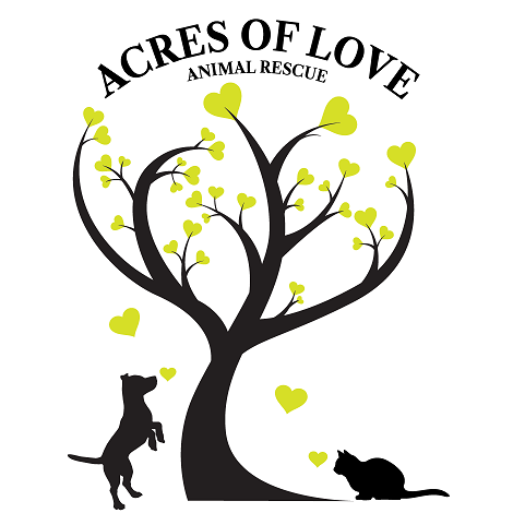 Acres of Love Animal Rescue, (Blanco, Texas), logo brown dog and cat under brown and green tree with brown text