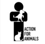 Action for Animals, Inc., (Muncie, Indiana), logo symbol of a person standing by white cat with white dog in arm and black text