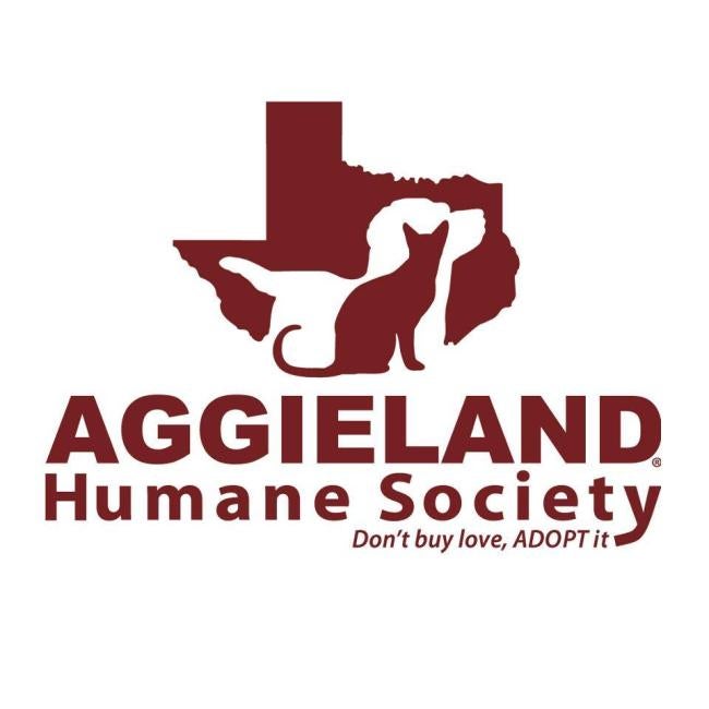 Aggieland Humane Society (Bryan, Texas) logo maroon silhouette layed of Texas with white dog maroon cat maroon lettering