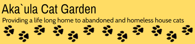 Akaula Cat Garden, (Kualapuu, Hawaii) logo yellow background with brown text and brown paw prints