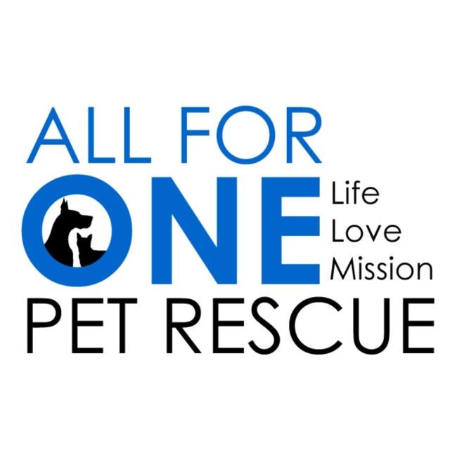 All For One Pet Rescue, Inc., (Royal Palm Beach, Florida), logo blue and black text with black dog and cat inside letter O