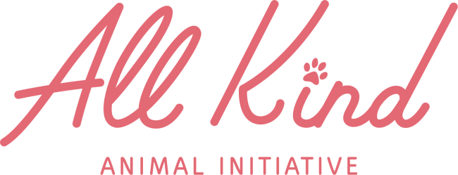 All Kind Animal Initiative (Abilene, Texas) logo white background large salmon color cursive lettering paw print dotting the I, small salmon color capital letters underneath