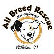 All Breed Rescue logo that includes a dog and the words New Beginnings and Williston, VT