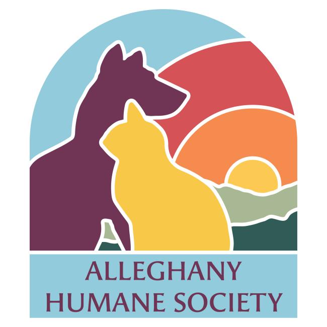 Alleghany Humane Society (Covington, Virginia) logo with purple dog silhouette behind yellow cat silhouette on blue background