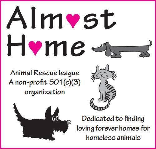 Almost Home Animal Rescue League, (Southfield, Michigan), logo drawings of black scot terrier grey dachshund and grey tabby cat surrounded by black text with two pink hearts