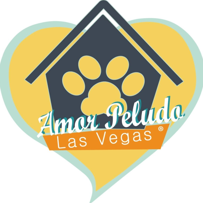 Amor Peludo (Las Vegas, Nevada) logo is blue dog house with paw print in the middle inside of yellow heart