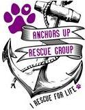 Anchors Up Rescue Group logo with anchor, paw print, and "Rescue for life" tagline