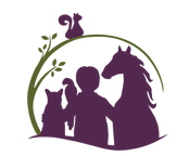 Anderson Animal Shelter, (South Elgin, Illinois), logo purple dog bird person horse under green branch with purple squirrel
