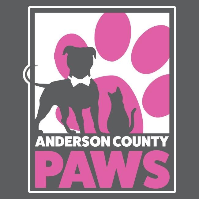 Anderson County PAWS, (Anderson, South Caroina), logo grey cat and dog with white bowtie collar in front of pink pawprint with white and pink text