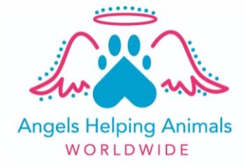 Angels Helping Animals Worldwide, (West Tisbury, Massachusetts), logo pink angel wings and halo around turquoise paw print above turquoise and pink text