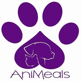 AniMeals, (Missoula, Montana), logo sketch of dog and cat head inside purple pawprint above purple text