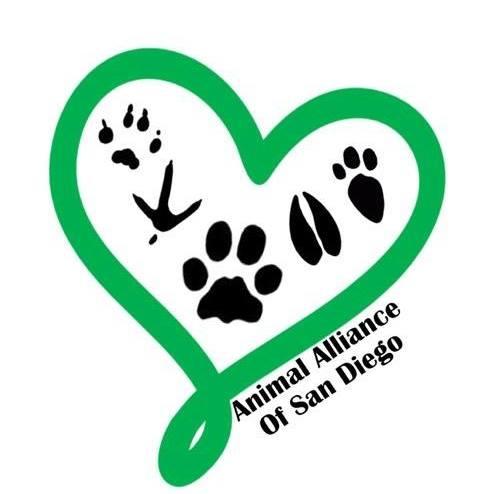 Animal Alliance of San Diego, (Santee, California), logo green heart outline around black tracks of different animals, black text