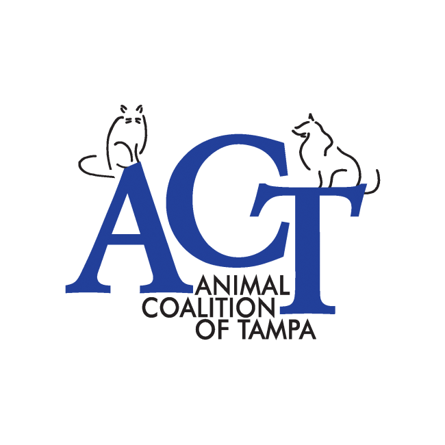 Animal Coalition of Tampa Inc. (Tampa, Flordia) logo large royal blue letter black outline of cat on top of the letter a black outline of dog on top of the letter t small black lettering below