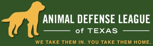 Animal Defense League of Texas (San Antonio, Texas) logo with dog and tagline "We take them in, you take them home"