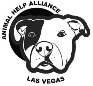 Animal Help Alliance, (Las Vegas, Nevada), logo black and white bully type dog in front of black circle with black text