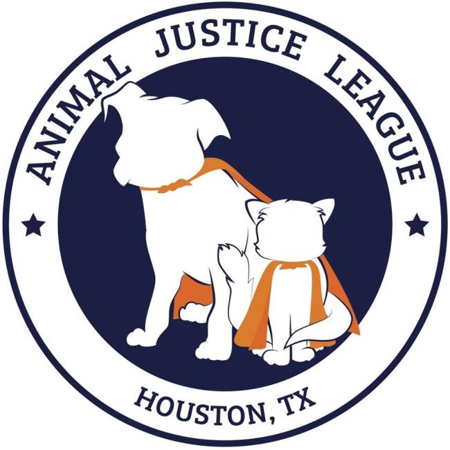 Animal Justice League (Houston, Texas) logo with dog and cat in superhero capes in circle